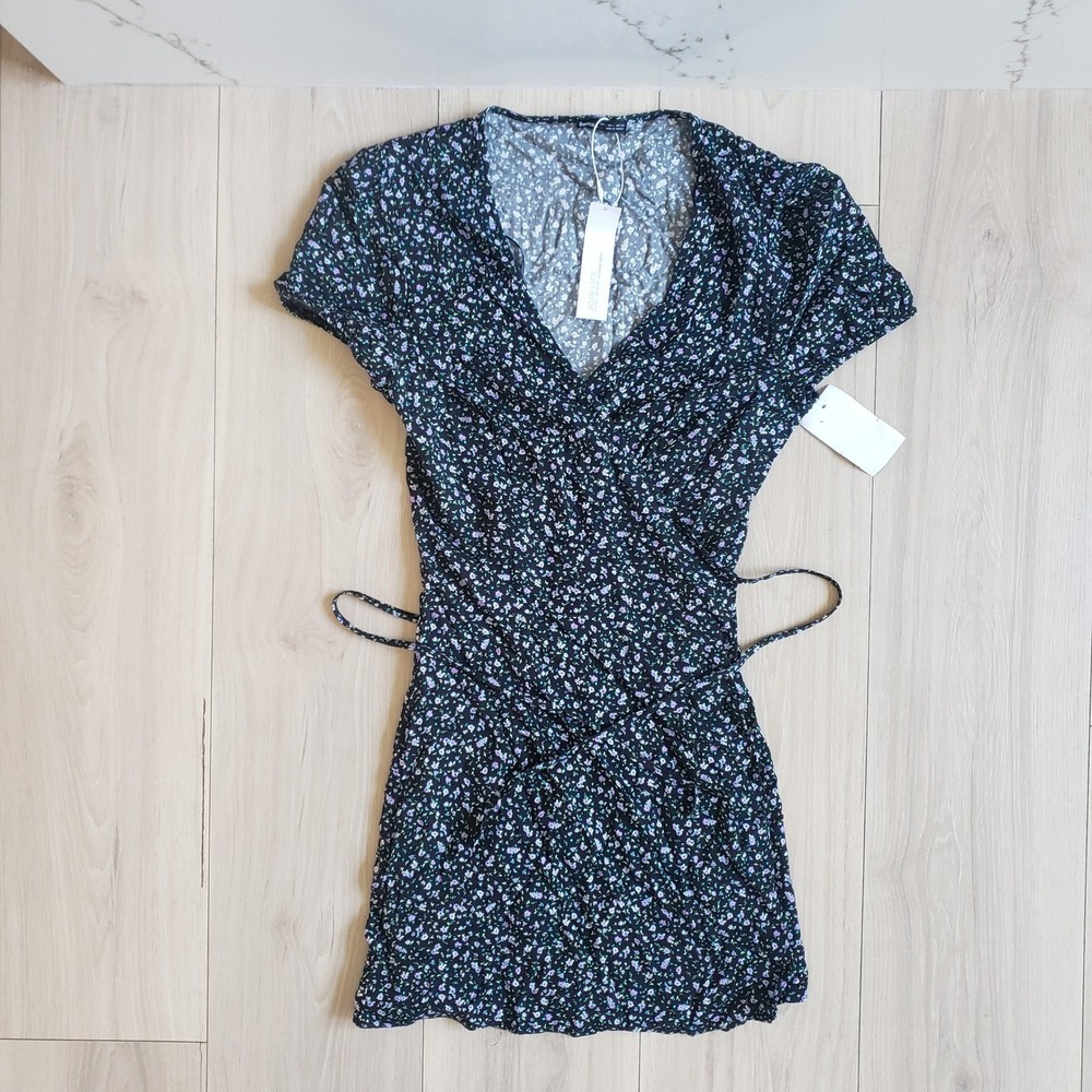 Bershka Dress Womens Large Black Floral Ditsy Mini Summer Wrap Mini Boho